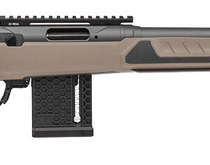 Bolt-action rifle with tan stock and long barrel