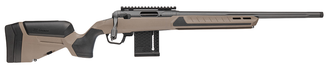 Bolt-action rifle with tan stock and long barrel