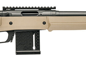 Tan bolt-action rifle with black barrel