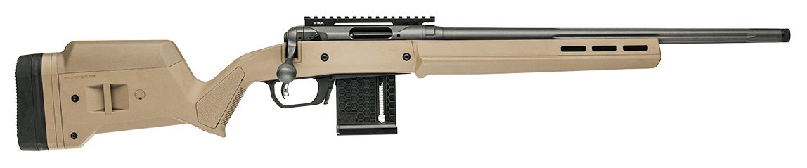 Tan bolt-action rifle with black barrel