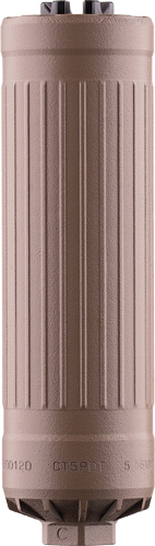 Tan cylindrical firearm suppressor with ridged exterior
