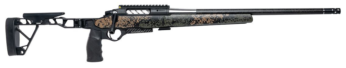 Modern bolt-action rifle with camouflage stock