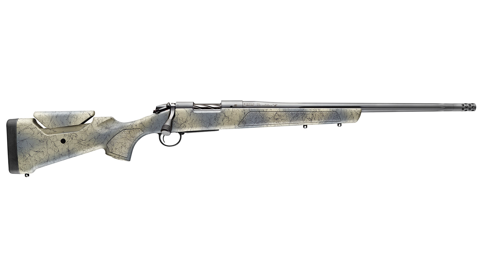 Bolt-action rifle with camo stock and barrel