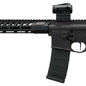 Black AR-15 style rifle with red dot sight
