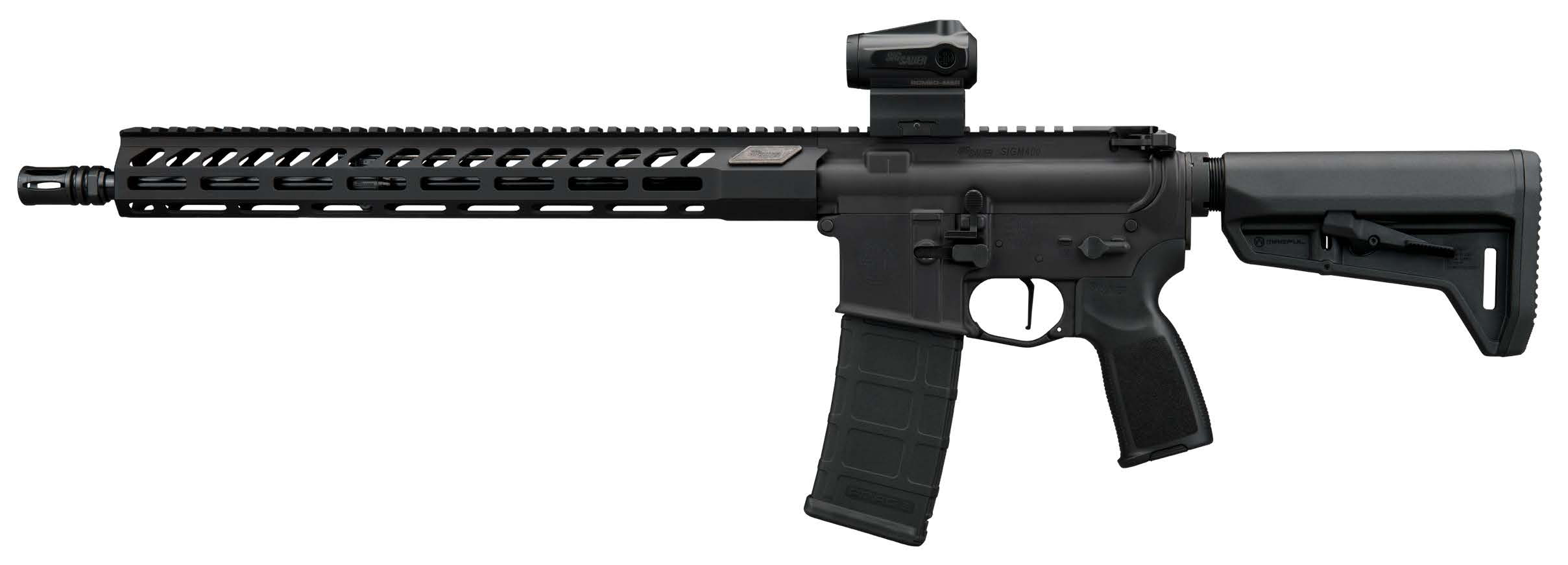 Black AR-15 style rifle with red dot sight