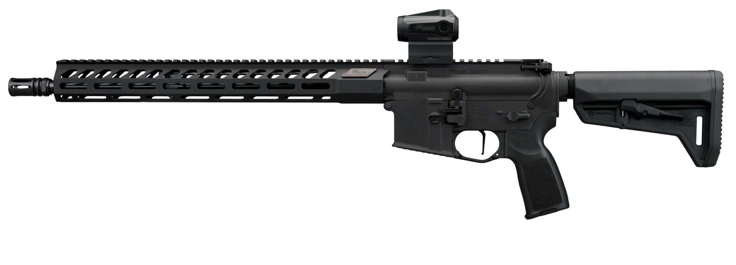 Black AR-15 style rifle with optic sight
