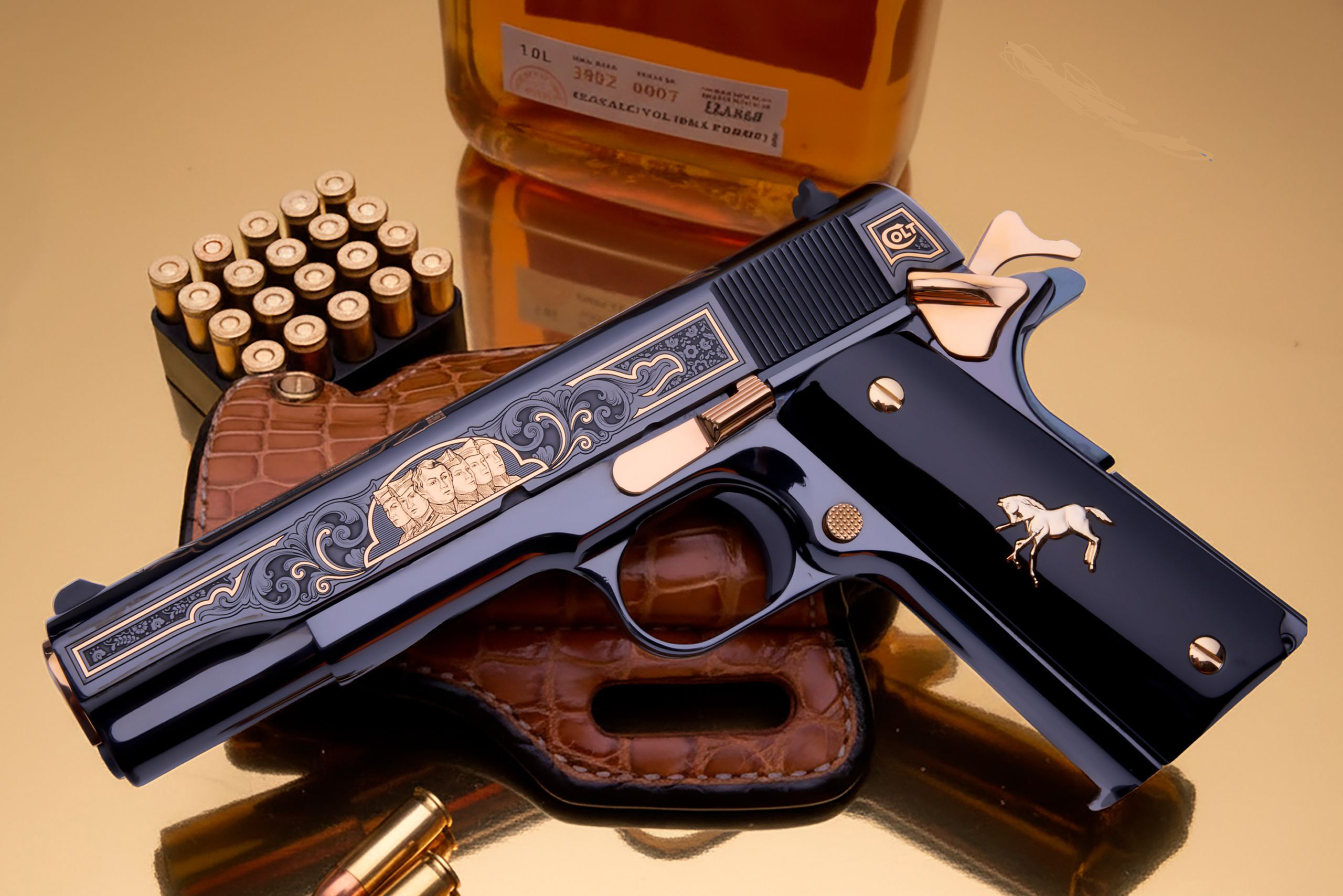 Engraved Colt pistol with bullets and whiskey bottle