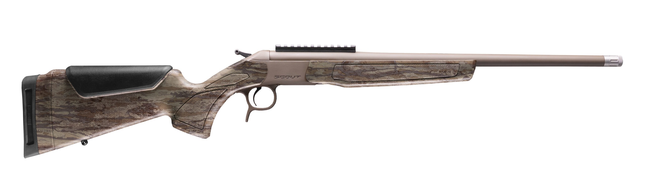 Camouflage bolt-action hunting rifle on white background