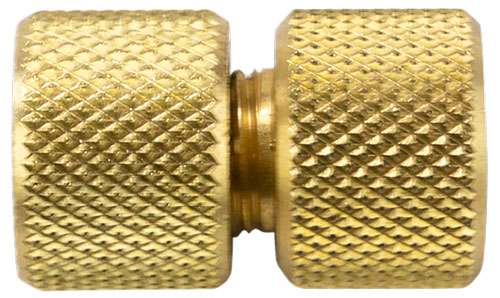 Brass knurled cylindrical connector on white background