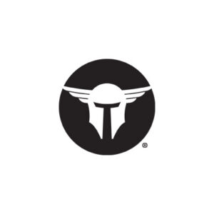 Stylized winged helmet logo in black circle