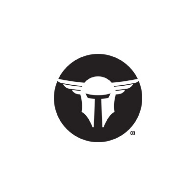 Stylized winged helmet logo in black circle
