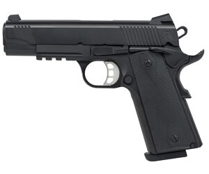 Black semi-automatic handgun on white background