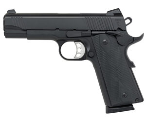 Black semi-automatic handgun on white background