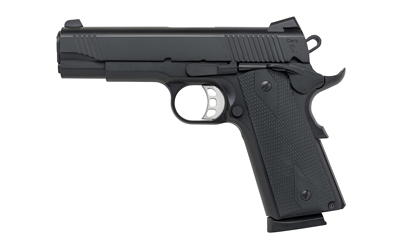 Black semi-automatic handgun on white background