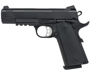 Black semi-automatic handgun on white background