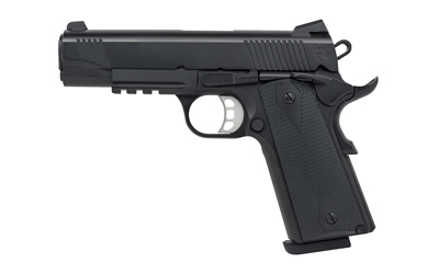 Black semi-automatic handgun on white background