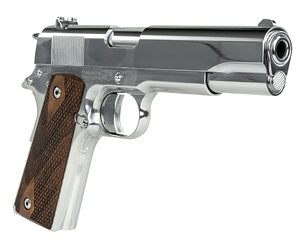 Silver semi-automatic pistol on white background