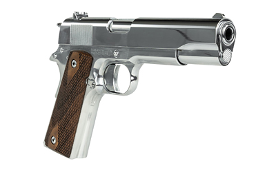 Silver semi-automatic pistol on white background
