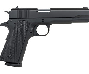 Black semi-automatic handgun on white background