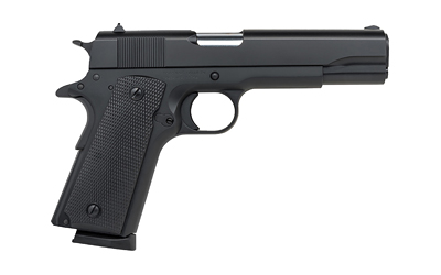 Black semi-automatic handgun on white background