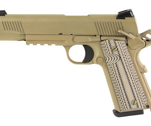 Tan semi-automatic pistol on white background