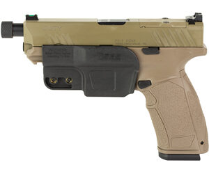 Tan and black semi-automatic pistol with accessory