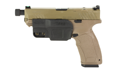 Tan and black semi-automatic pistol with accessory