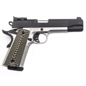 Two-tone 1911-style semi-automatic handgun on white background