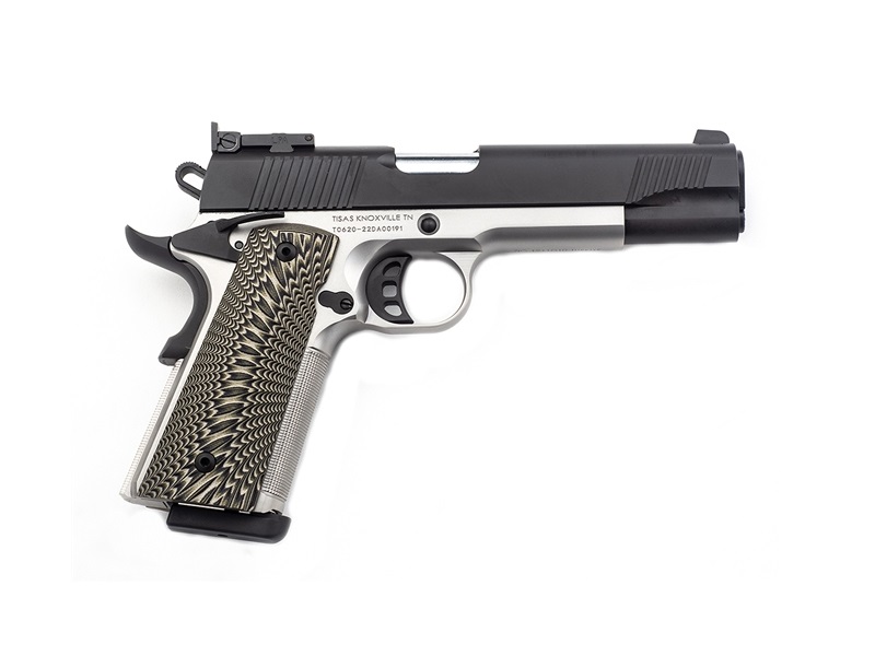 Two-tone 1911-style semi-automatic handgun on white background
