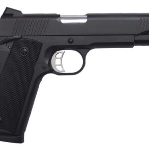 Black semi-automatic handgun on white background