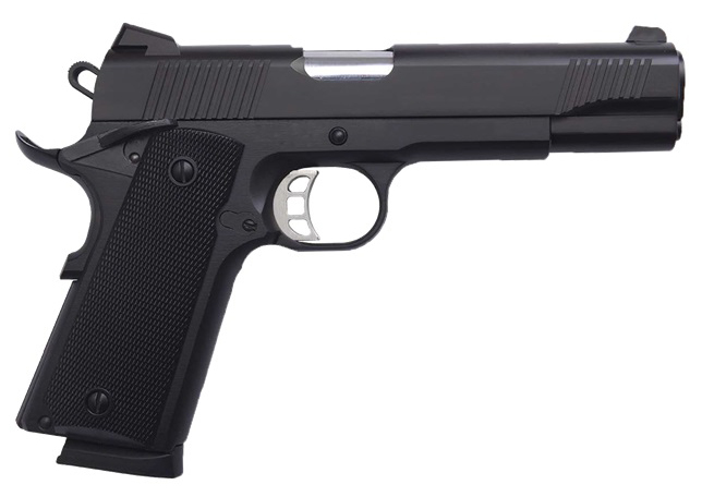 Black semi-automatic handgun on white background
