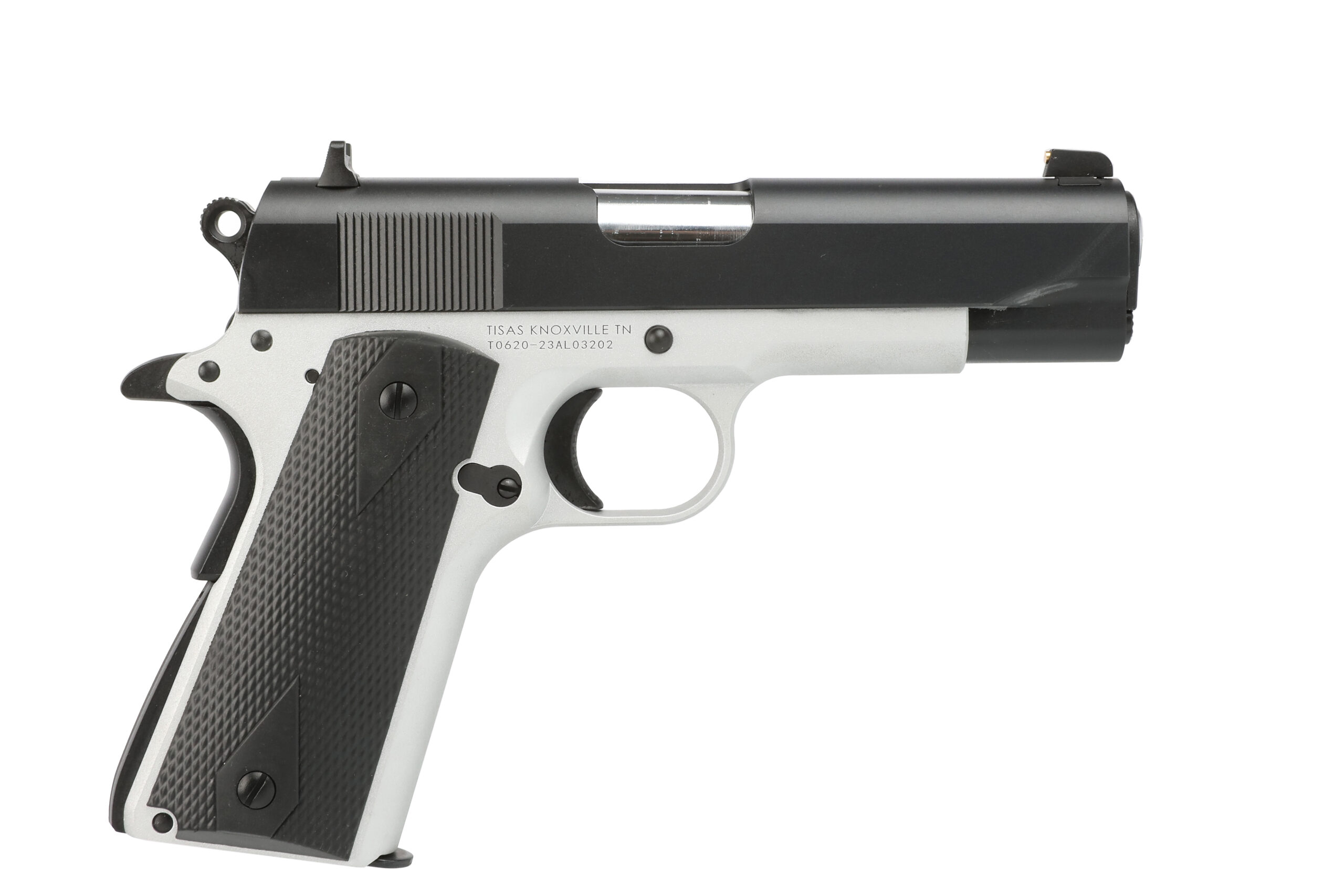 Two-tone 1911-style semi-automatic pistol on white background