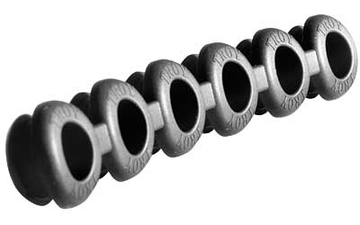 Row of black rubber grommets on white background