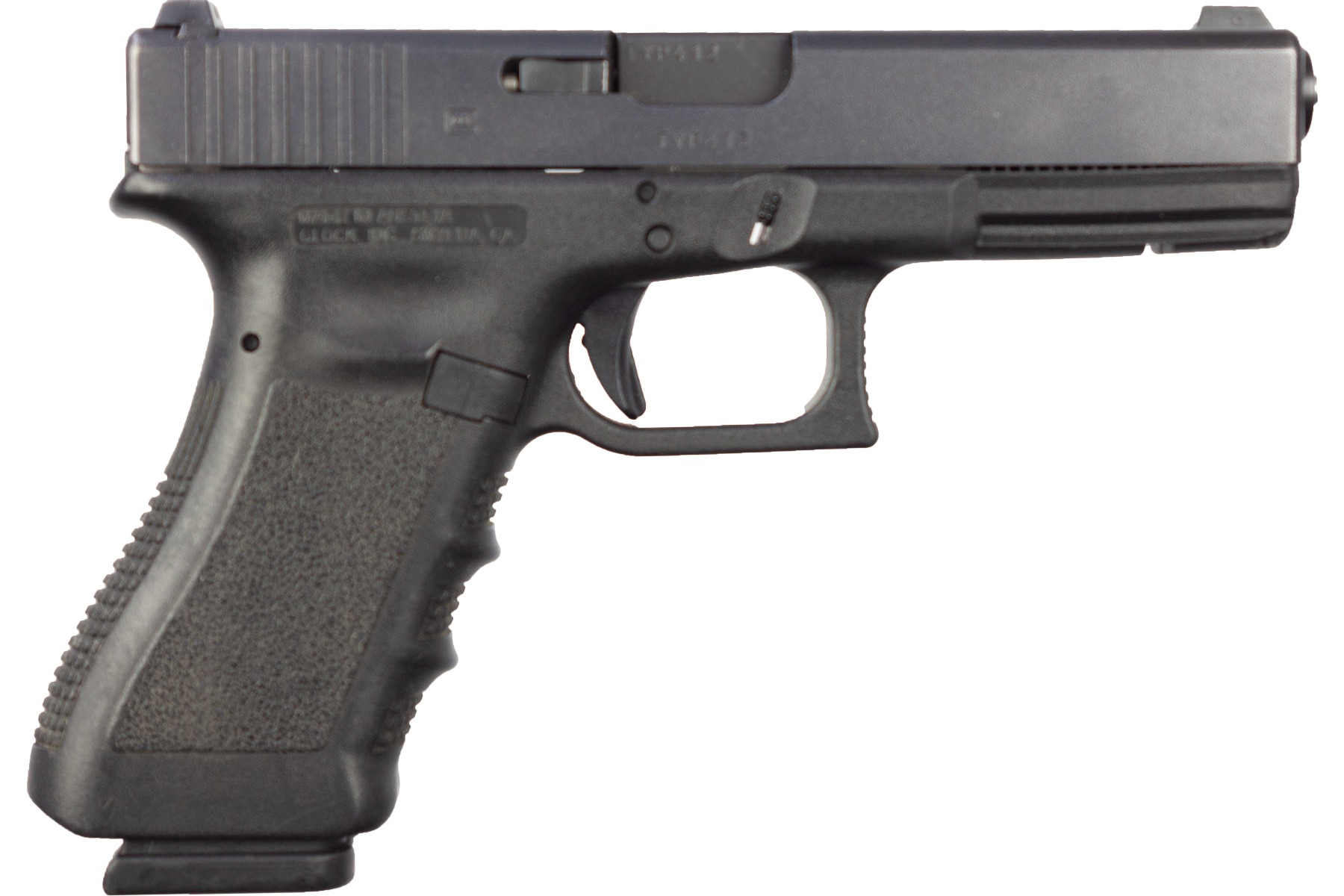 Black semi-automatic handgun on white background