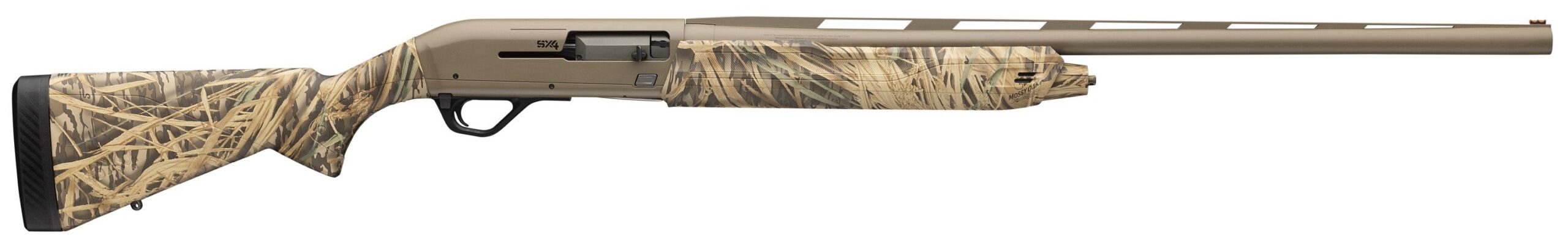 Camouflage semi-automatic shotgun on white background