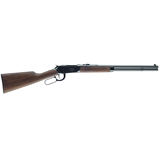 Lever-action rifle with wooden stock on white background