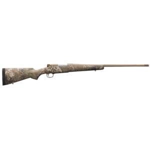 Camouflage bolt-action rifle on white background