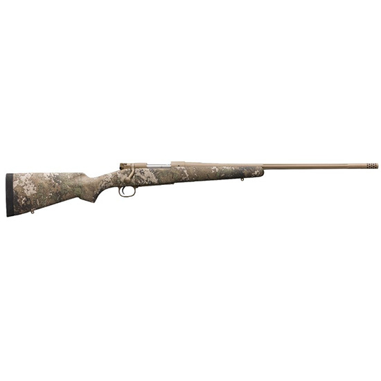 Camouflage bolt-action rifle on white background