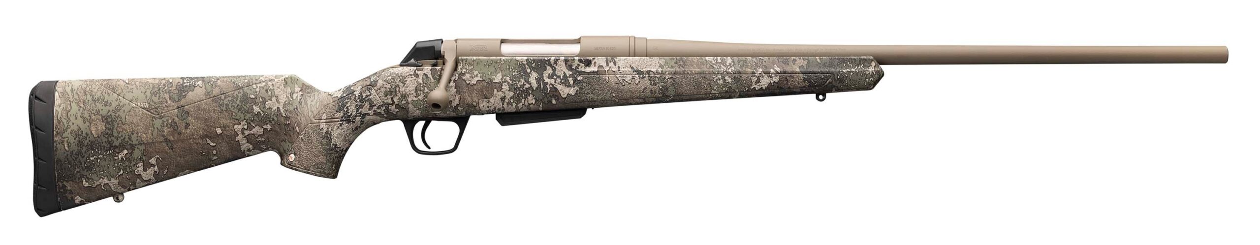 Camouflage bolt-action hunting rifle on white background