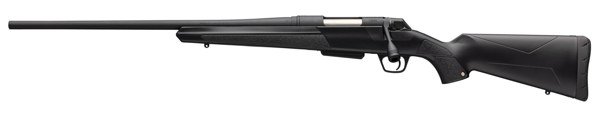 Black bolt-action rifle on white background