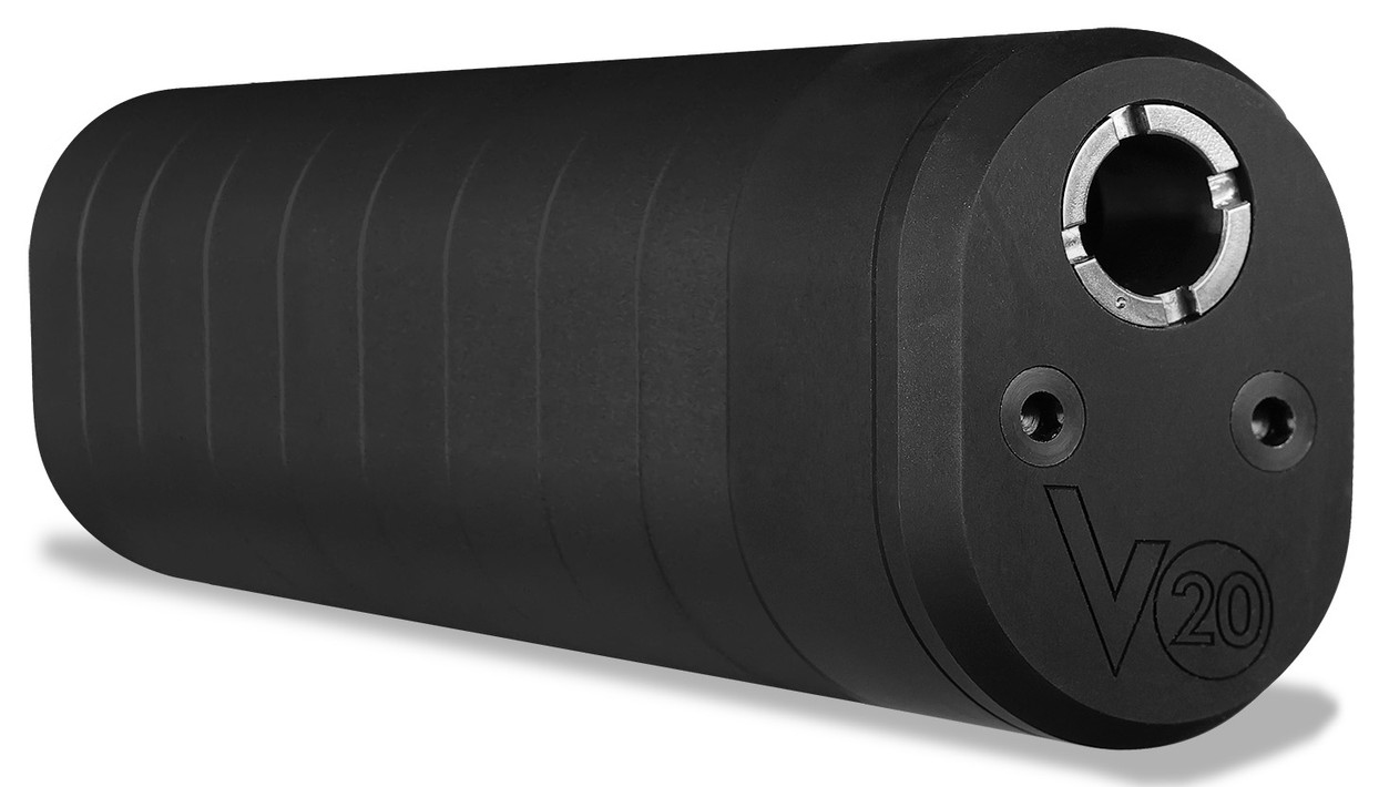 Black cylindrical V20 firearm suppressor device