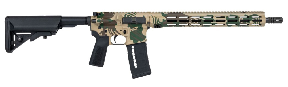 Camouflage AR-15 style rifle on white background