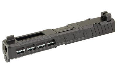 Black pistol slide with barrel and serrations