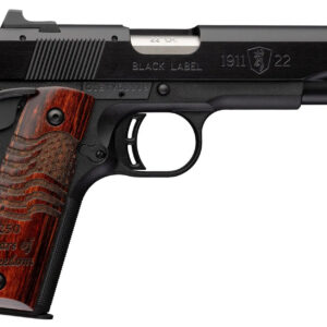 Black 1911-style .22 pistol with engraved wooden grip