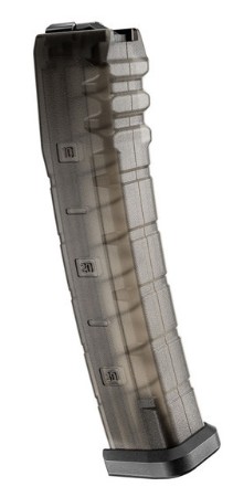 Transparent curved rifle magazine with visible ammunition