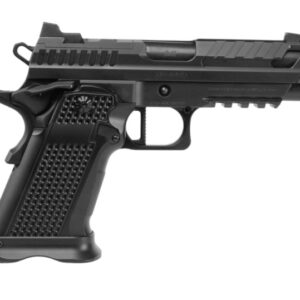 Black semi-automatic handgun on white background
