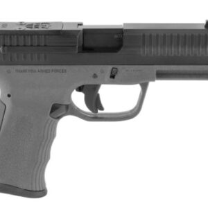 Black semi-automatic handgun on white background