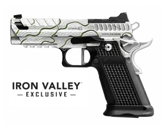 Custom patterned semi-automatic pistol on white background