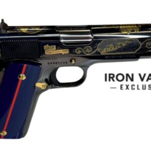 Ornate engraved handgun with blue grip panel