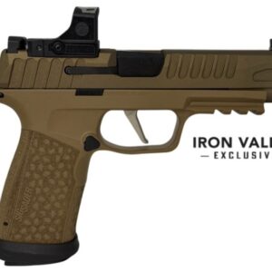 Tan semi-automatic pistol with red dot sight